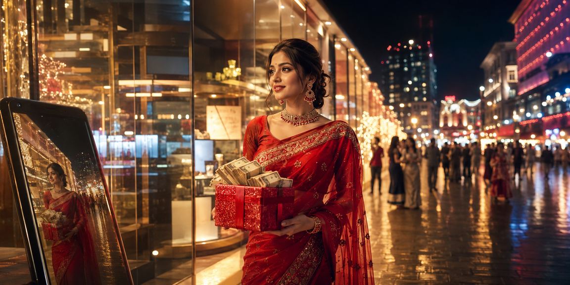 কুমিল্লায় শাড়ি পরিহিত তরুণী মোবাইলে bijali প্রোমোশন দেখছেন